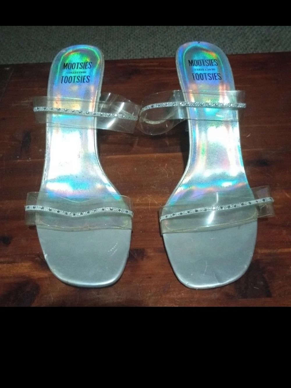 Mootsies Tootsies Iridescent Clear Slide Heels - Silver